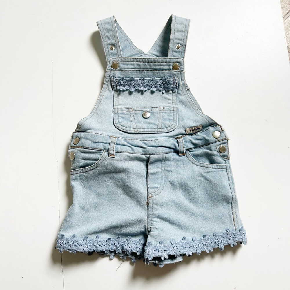 Light Blue Denim Calvin Klein Overalls Shorts/ Romper w/ Lace Trim Size 3T